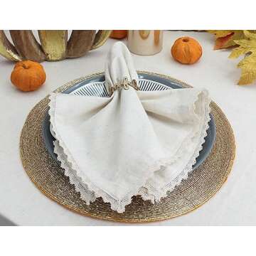 COTTON CRAFT Flax Linen Cloth Napkins with Lace - Set of 12 Lunch Dinner Napkins - Elegant Everyday Fall Harvest Thanksgiving Holiday Table Napkin - Washable Reusable Napkin - Oversized 20x20- Natural