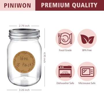 PINIWON Mason Jars 16 oz with Airtight Lids and Bands, 15 Pack Regular Mouth Canning Jars, Clear Gla...