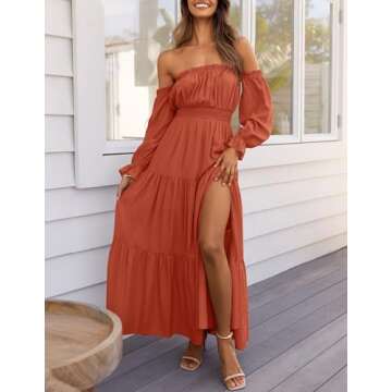 ZESICA Women's 2024 Boho Sexy Off Shoulder Long Sleeve Smocked High Waist Side Split Flowy A Line Tiered Long Maxi Dress,Rust,X-Large