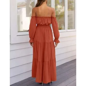 ZESICA Women's 2024 Boho Sexy Off Shoulder Long Sleeve Smocked High Waist Side Split Flowy A Line Tiered Long Maxi Dress,Rust,X-Large
