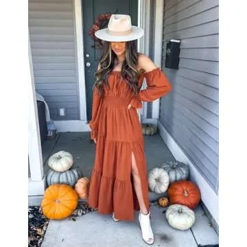 ZESICA Women's 2024 Boho Sexy Off Shoulder Long Sleeve Smocked High Waist Side Split Flowy A Line Tiered Long Maxi Dress,Rust,X-Large