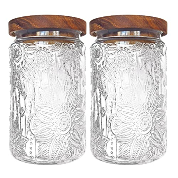 LODIKE 35oz/1000ml Glass Storage Jars with Nature Wood Lids, Airtight Food Storage Containers for Ki...