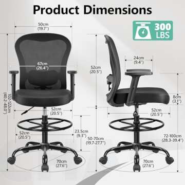 Primy Drafting Chair Ergonomic Tall Office Chair, High Back Breathable Mesh Desk Chair with Adjustable Footrest Ring Lumbar Support 2D Armrests, Executive Swivel Comfy Task Chair for Home Work Art