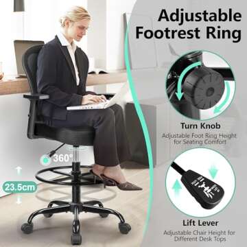 Primy Drafting Chair Ergonomic Tall Office Chair, High Back Breathable Mesh Desk Chair with Adjustable Footrest Ring Lumbar Support 2D Armrests, Executive Swivel Comfy Task Chair for Home Work Art