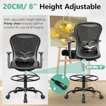 Primy Drafting Chair Ergonomic Tall Office Chair, High Back Breathable Mesh Desk Chair with Adjustable Footrest Ring Lumbar Support 2D Armrests, Executive Swivel Comfy Task Chair for Home Work Art