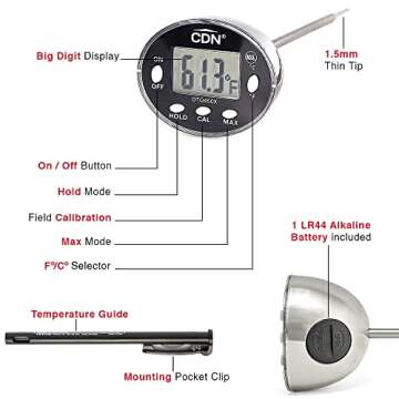 CDN Thin Tip Thermometer | ProAccurate®, 4.75" Stem, Digital, Hold, Max, Waterproof, NSF Certified, Ideal for Cooking, Brewing - DTQ450X