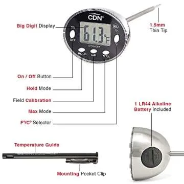 CDN Thin Tip Thermometer | ProAccurate®, 4.75" Stem, Digital, Hold, Max, Waterproof, NSF Certified, Ideal for Cooking, Brewing - DTQ450X
