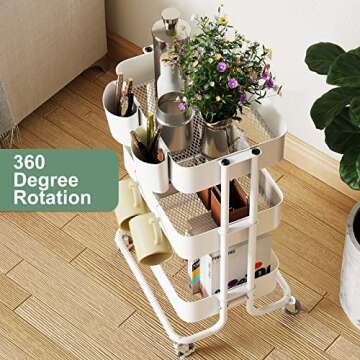 Charcy 3 Tier Metal Rolling Utility Cart, Metal White Cart with Roller Wheels, Storage Mesh and Lockable Wheels for Kitchen - White - All Metal