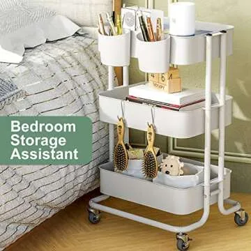 Charcy 3 Tier Metal Rolling Utility Cart, Metal White Cart with Roller Wheels, Storage Mesh and Lockable Wheels for Kitchen - White - All Metal