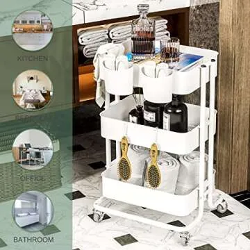 Charcy 3 Tier Metal Rolling Utility Cart, Metal White Cart with Roller Wheels, Storage Mesh and Lockable Wheels for Kitchen - White - All Metal