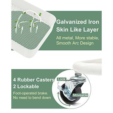 Charcy 3 Tier Metal Rolling Utility Cart, Metal White Cart with Roller Wheels, Storage Mesh and Lockable Wheels for Kitchen - White - All Metal