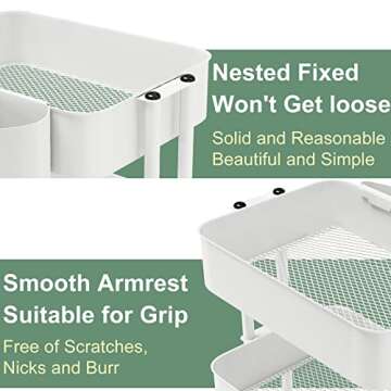 Charcy 3 Tier Metal Rolling Utility Cart, Metal White Cart with Roller Wheels, Storage Mesh and Lockable Wheels for Kitchen - White - All Metal