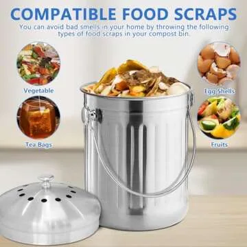 ENLOY Compost Bin for Kitchen Countertop, 1.3 Gallon Stainless Steel Indoor Compost Bucket for Kitchen Countertop Odorless Compost Pail for Kitchen Food Waste with Carrying Handle Easy to Clean