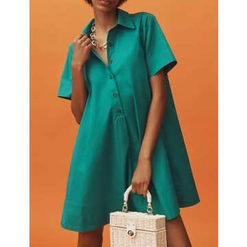 Dsewpaur Short Sleeve Swing Tunic Mini Dress for Women Button Up Shirt Blouse Short Dress Summer Cas...