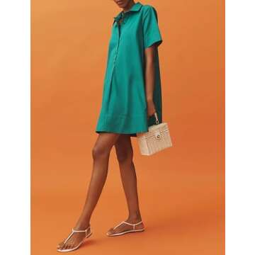 Dsewpaur Short Sleeve Swing Tunic Mini Dress for Women Button Up Shirt Blouse Short Dress Summer Casual Flowy A Line Dress Green