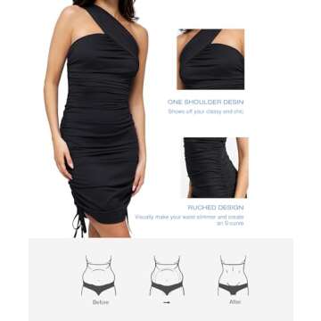 Popilush Shapewear Dress One Shoulder Ruched Dress with Drawstring for Women Summer Dress BlueTag Collection Black