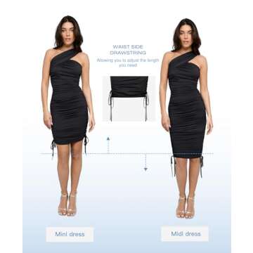 Popilush Shapewear Dress One Shoulder Ruched Dress with Drawstring for Women Summer Dress BlueTag Collection Black