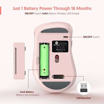 RAPIQUE Wireless Mouse, 2.4G Silent Computer Mice with USB Receiver & Type-C Adapter, Portable Mobile Optical Cordless Mouse for Laptop, PC, Desktop, MacBook, 3 DPI Adjustment Levels (Pink)