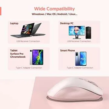RAPIQUE Wireless Mouse, 2.4G Silent Computer Mice with USB Receiver & Type-C Adapter, Portable Mobile Optical Cordless Mouse for Laptop, PC, Desktop, MacBook, 3 DPI Adjustment Levels (Pink)