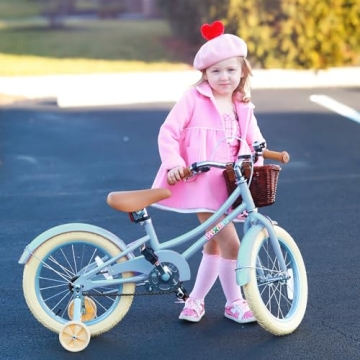 Bixike Retro Girls Bike with Basket & Training Wheels - Kids Cycle