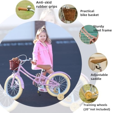Bixike Retro Girls Bike with Basket & Training Wheels - Kids Cycle