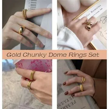 FUNEIA 6Pcs Thick Dome Chunky Rings for Women Men 18K Gold Plated Round Signet Rings Braided Twisted Signet Statement Ring Size 5-9