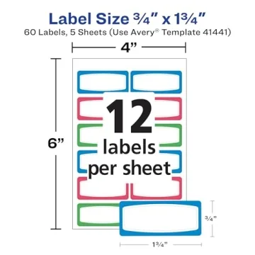 Avery(R) Durable Labels for Kids' Gear, 3/4" x 1-3/4", Assorted Border Colors, Water-Resistant Labels, 60 Rectangle Labels Total (41441)
