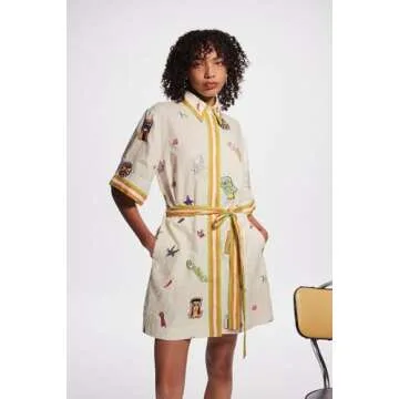 Women's Floral Mini Dress Y2k Short Sleeve Shirt Dress Cute Colorful Graffiti Graphic A-Line Lace Up Sundress (Green,X-Large)