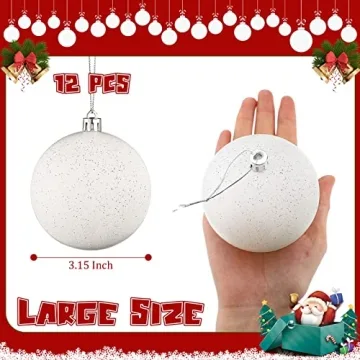 Zubebe 12 Pieces Large Christmas Ornaments Balls, Glitter Snowball Ornaments for Christmas Tree, Plastic Hanging Christmas Tree Balls for Xmas Wedding Party Decorations(White)