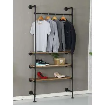 WGX Design For You Industrial Pipe Clothing Rack Wood Garment Rack Pipeline Vintage Rolling Rack On Wall（Black）