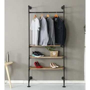WGX Design For You Industrial Pipe Clothing Rack Wood Garment Rack Pipeline Vintage Rolling Rack On Wall（Black）