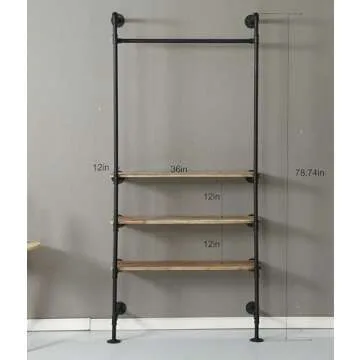 WGX Design For You Industrial Pipe Clothing Rack Wood Garment Rack Pipeline Vintage Rolling Rack On Wall（Black）