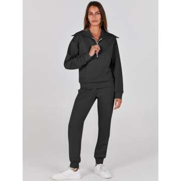 ANRABESS Women 2 Piece Outfits Sweatsuit 2024 Fall Half Zip Sweatshirt Jogger Sweatpants Tracksuit Lounge Set Trendy Clothes Black Small