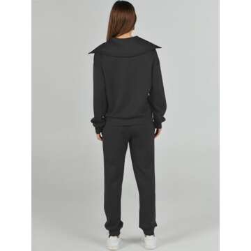 ANRABESS Women 2 Piece Outfits Sweatsuit 2024 Fall Half Zip Sweatshirt Jogger Sweatpants Tracksuit Lounge Set Trendy Clothes Black Small