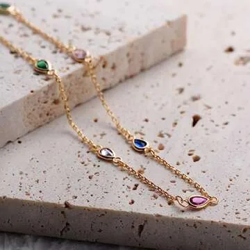 GDCOIN 18K Gold Plated Waterdrop Necklace for Women, Multicolor Zirconia Choker-Sparse, Link Chain Necklace Jewelry Gift