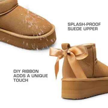 DREAM PAIRS FuzzyClassic Platform Mini Boots for Women Suede Genuine Leather, Classic Winter Ankle Snow Boots with Memory Foam Insole Lightweight Anti-Slip Outsole Outdoor,Size 9,Chestnut,SDSB2427W