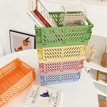 MONKISS 5-Pack Small Foldable Storage Bins for Desk Organization, Stackable Mini Plastic Storage Crates for Home Office Organizer, Folding Small Storage Basket Containers (L9.8 x W6.5 x H3.8)