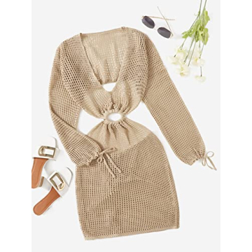 MakeMeChic Women's Crochet Cover Up Long Sleeve Knitted Swim Beach Cover Up Dress Swimwear Apricot M