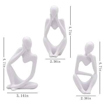3 Pcs White Thinker Statue Sculpture Home Decor, Resin Abstract Art Figurines, Mini Boho Tiny Accents for Modern Living Room Office Book Shelf Coffee Table Decoration Set of 3