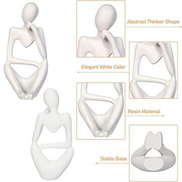 3 Pcs White Thinker Statue Sculpture Home Decor, Resin Abstract Art Figurines, Mini Boho Tiny Accents for Modern Living Room Office Book Shelf Coffee Table Decoration Set of 3