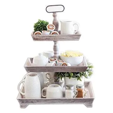 Rustic Wooden Three Tiered Plates Serving Platter Stand & Tray - Perfect for Cake, Dessert, Shrimp, Appetizers & More, 3 Tier Cupcake Stand, Serving Trays for Parties, Appetizer Platter