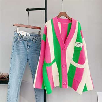 JASCLS Winter Fall Long Sleeve Cable Knitted Striped Cardigans Open Front Chunky Sweater Outwear Cardigans with Pocket for Women