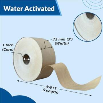 3'' x 450 Feet Reinforced Water Activated Gummed Kraft Paper Tape, for Heavy Duty Secure Packing Shi...