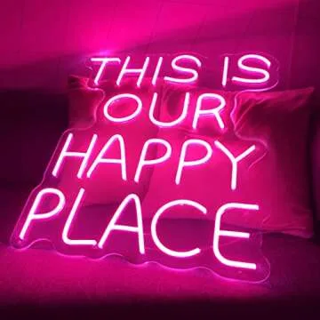 Large Pink LED Happy Place Neon Sign for Decor