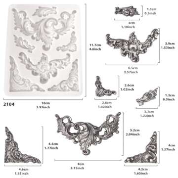 Funshowcase Angel Tag Frame Corner Scrollwork Fondant Silicone Mold for Cake Decoration, Polymer Clay Crafting Projects 4-Count