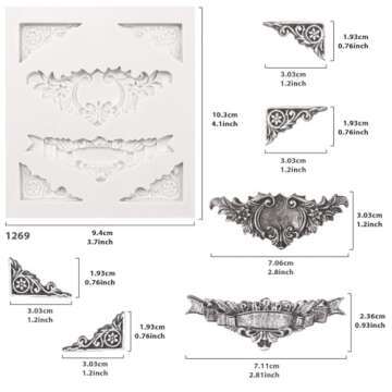 Funshowcase Angel Tag Frame Corner Scrollwork Fondant Silicone Mold for Cake Decoration, Polymer Clay Crafting Projects 4-Count