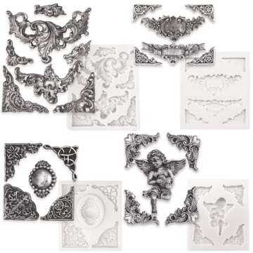 Funshowcase Angel Tag Frame Corner Scrollwork Fondant Silicone Mold for Cake Decoration, Polymer Clay Crafting Projects 4-Count