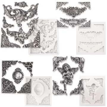 Funshowcase Angel Tag Frame Corner Scrollwork Fondant Silicone Mold for Cake Decoration, Polymer Clay Crafting Projects 4-Count