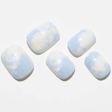 GLAMERMAID Press on Nails Extra Short Squoval, Spring Glitter Blue Sky with White Clouds Gel Glue on...