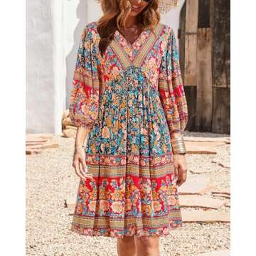 BTFBM Women Casual Summer Fall Dresses V Neck 3/4 Long Sleeve Ruffle Floral Flowy Boho Babydoll Mini...
